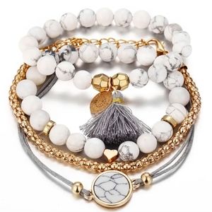 Stackable Beaded Bracelet Set White Gold Grey Tassel Stretch